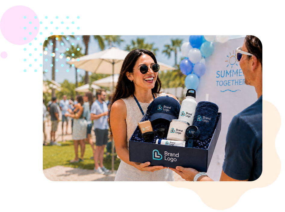 Excited woman opening a new hire survival kit corporate gift box with child, featuring branded welcome package for employee onboarding.