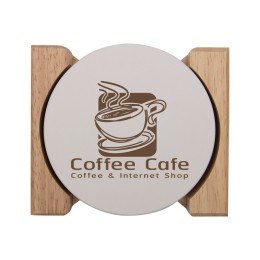 Round Absorbent Stone Coasters in Oak Wood Holder - Set of 4