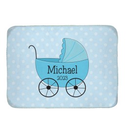 Baby Carriage Sherpa Lined Baby Blanket (Personalized Name & Year) - Blue