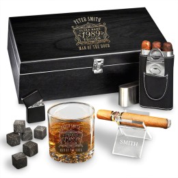 Personalized Buckman Whiskey and Cigar Gift Set - 7pc Ebony Boxed