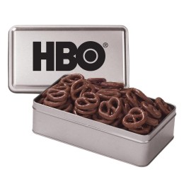 Milk Chocolate Pretzels in Custom Rectangular Gift Tin