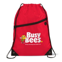 Robin Drawstring Polyester Bag with Front Zipper Pocket - Red