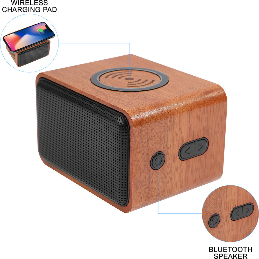 Custom Wood Bluetooth Speaker with Wireless Charging Pad Office