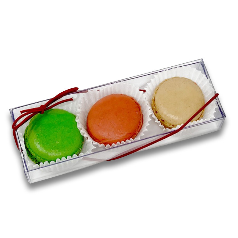 Clear Acetate Gift Box of 3 Macarons with Branded Custom Sleeve