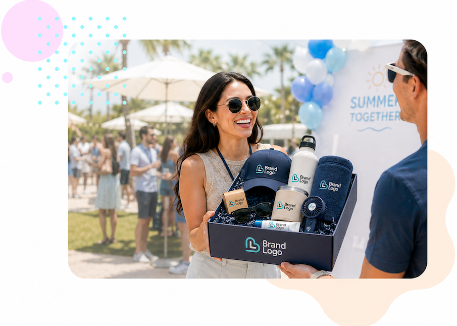 Excited woman opening a new hire survival kit corporate gift box with child, featuring branded welcome package for employee onboarding.