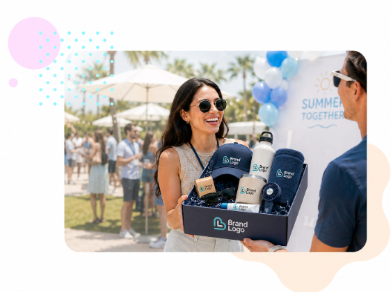 Excited woman opening a new hire survival kit corporate gift box with child, featuring branded welcome package for employee onboarding.