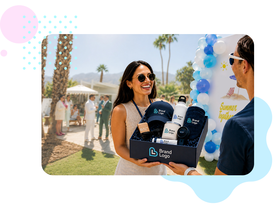 Excited woman opening a new hire survival kit corporate gift box with child, featuring branded welcome package for employee onboarding.
